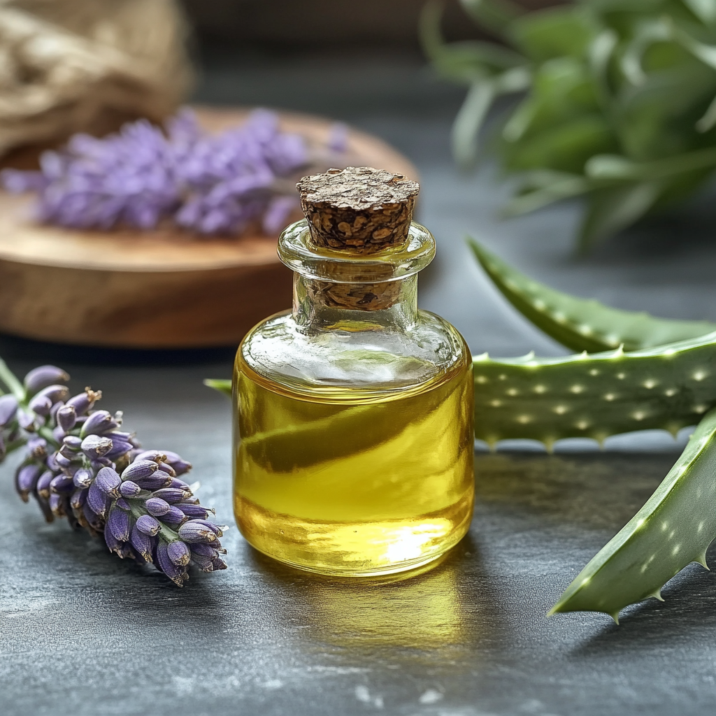 a bottle of castor oil next to aloe vera plant