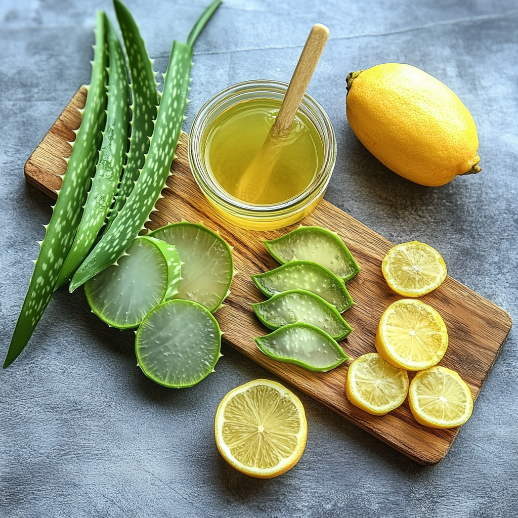 lemons and aloe vera on a cutting board