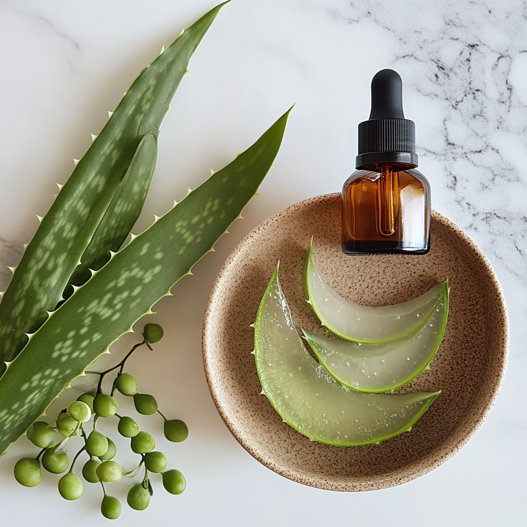 a small bottle of tea tree oils next to slices of aloe vera