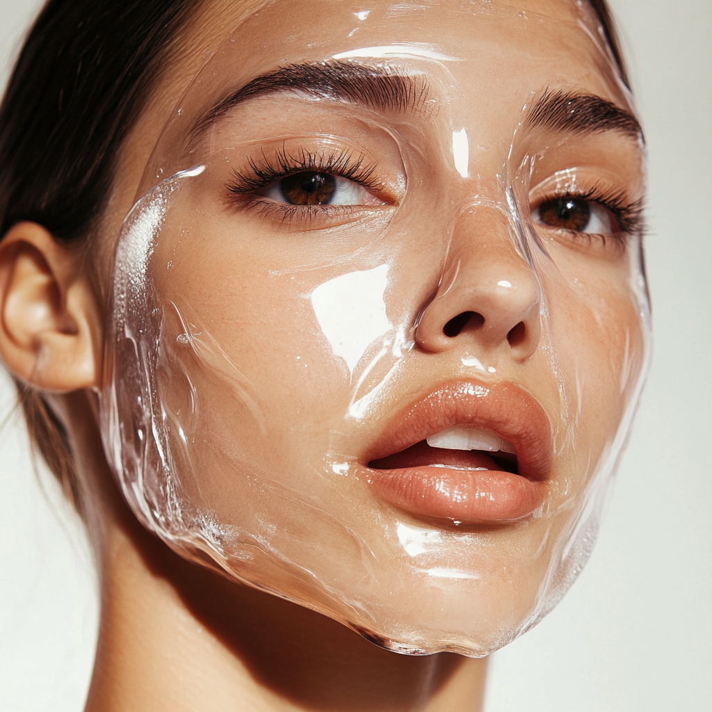 a woman with a clear aloe vera mask on her face