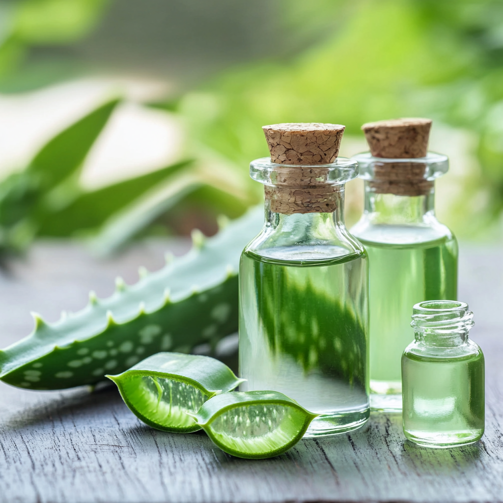 a group of bottles with aloe vera liquid next to aloe vera plant