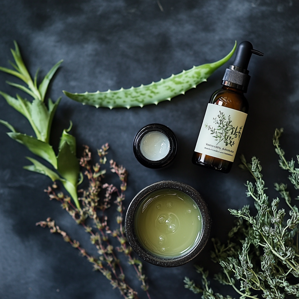 a bottle of oil and a bowl of aloe vera gel next to a plant