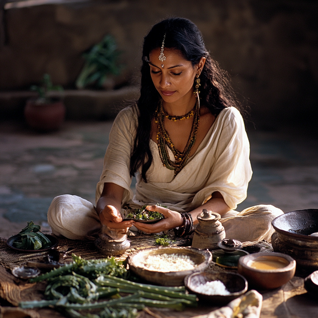 a woman sitting on a table with aloe vera, other remedies