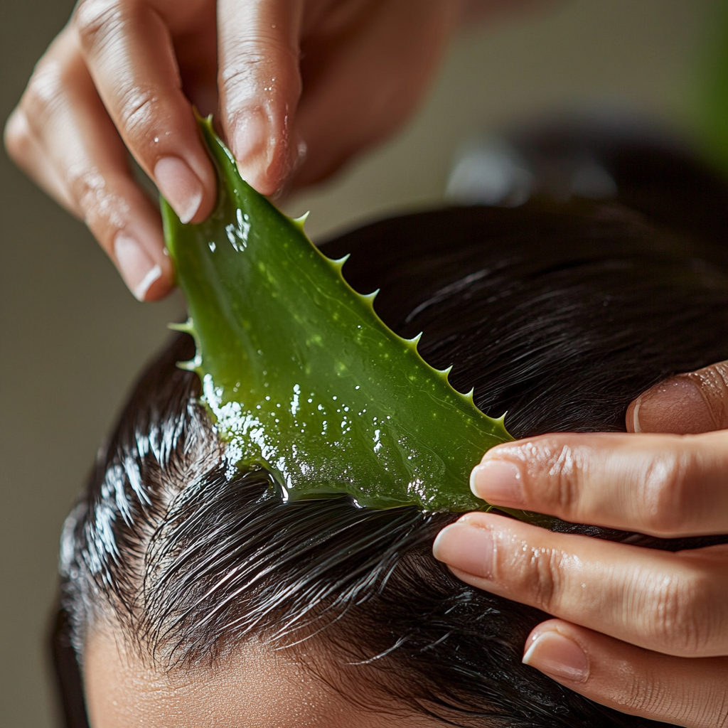 a person applying aloe vera leaf to their hair