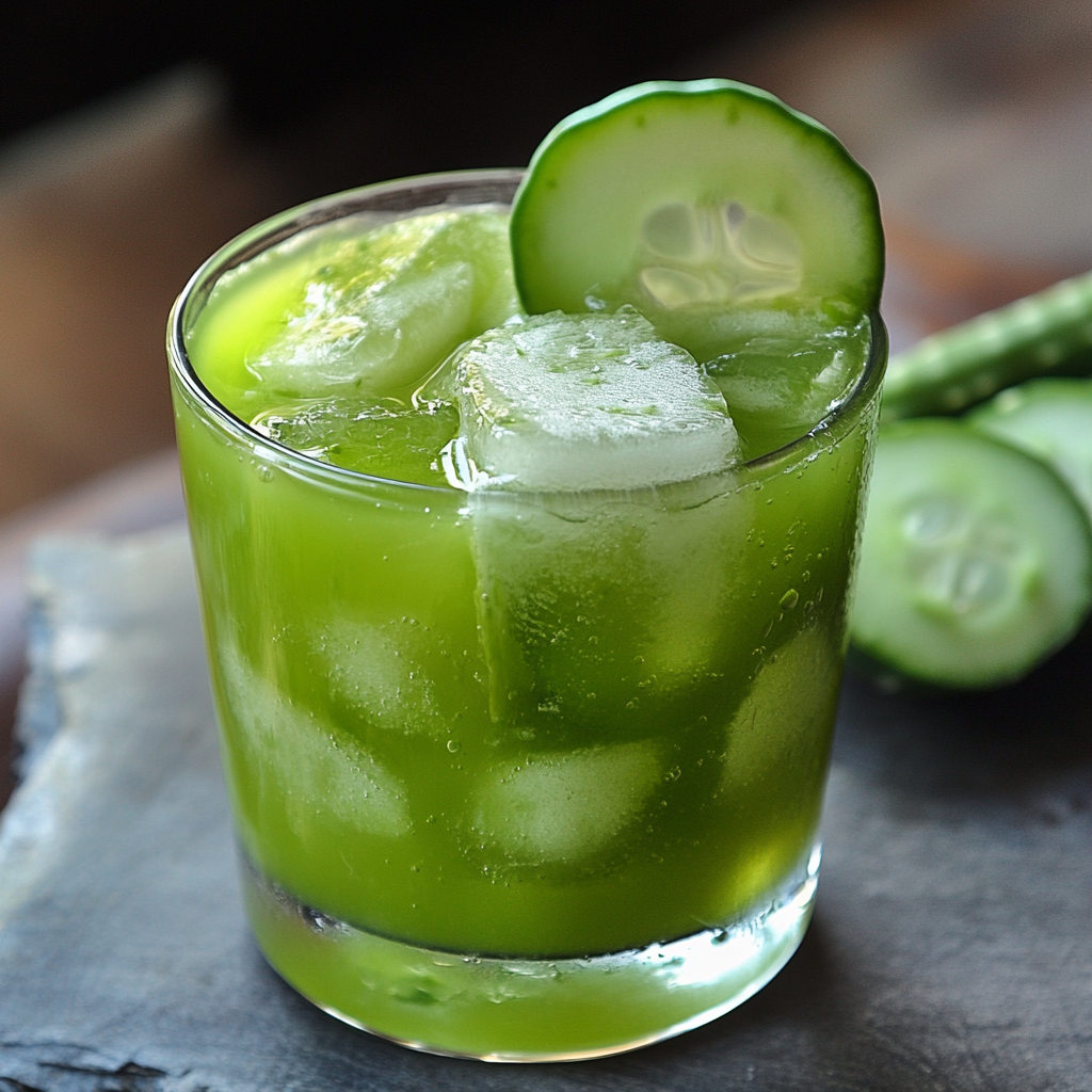 a glass of cucumber juice with ice and cucumbers and aloe vera juice