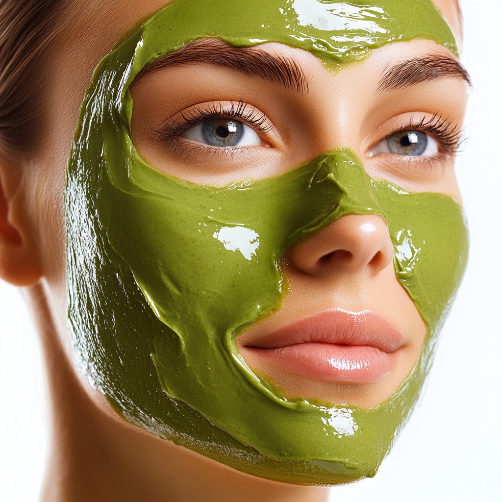 a woman with an aloe vera mask on her face