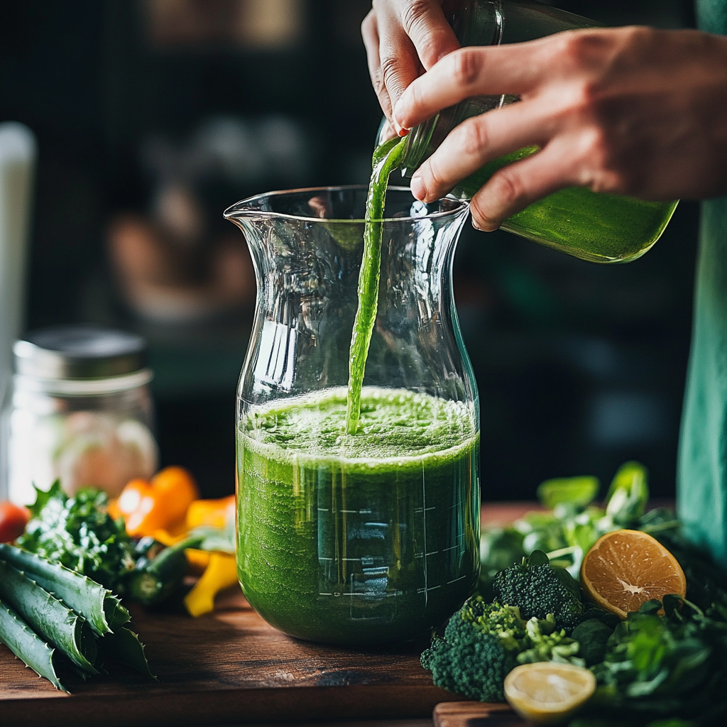 a person pouring green liquid wit aloe vera into a pitcher