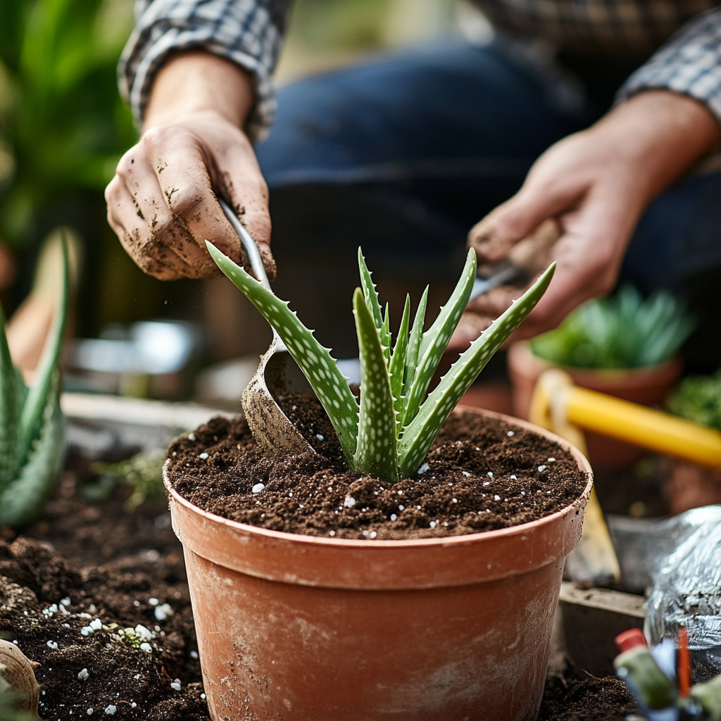 a person holding a potted aloe vera plant