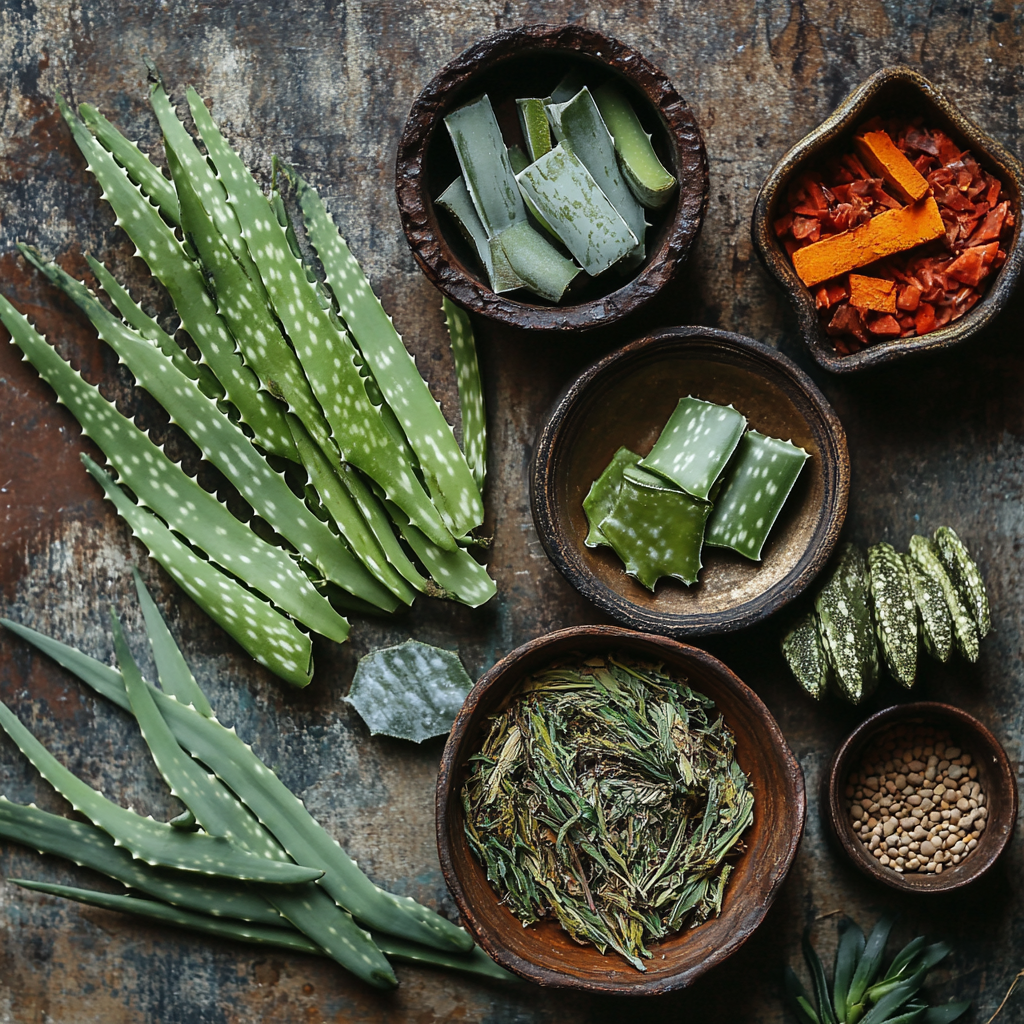 a group of bowls of different types of plants and aloe vera