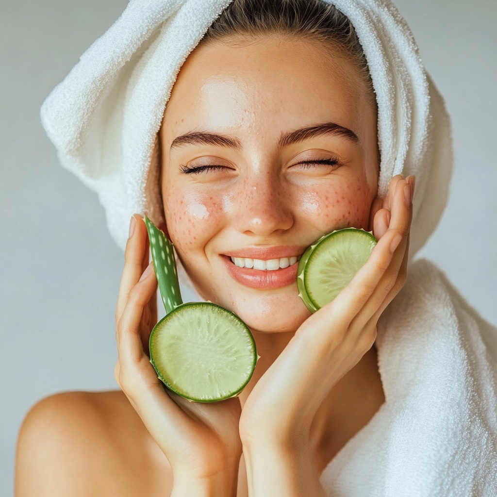 a woman holding slices of cucumber and aloe vera towel on her head