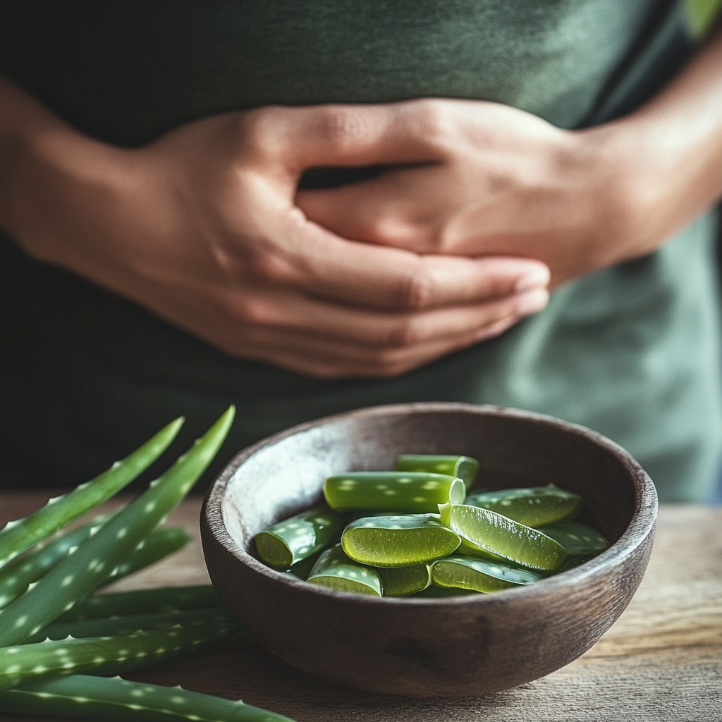 a person holding their stomach in front of a bowl of aloe vera