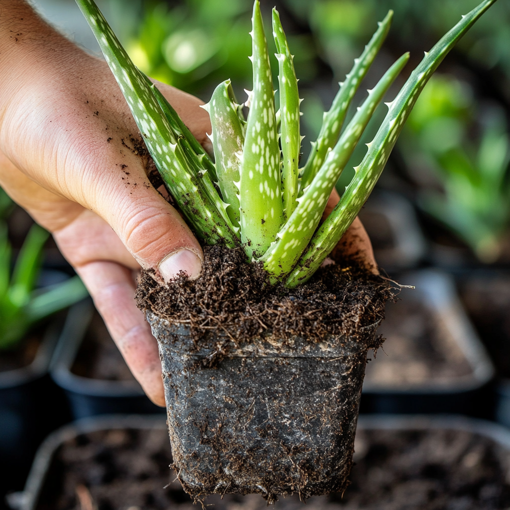 a hand holding a potted aloe vera plant