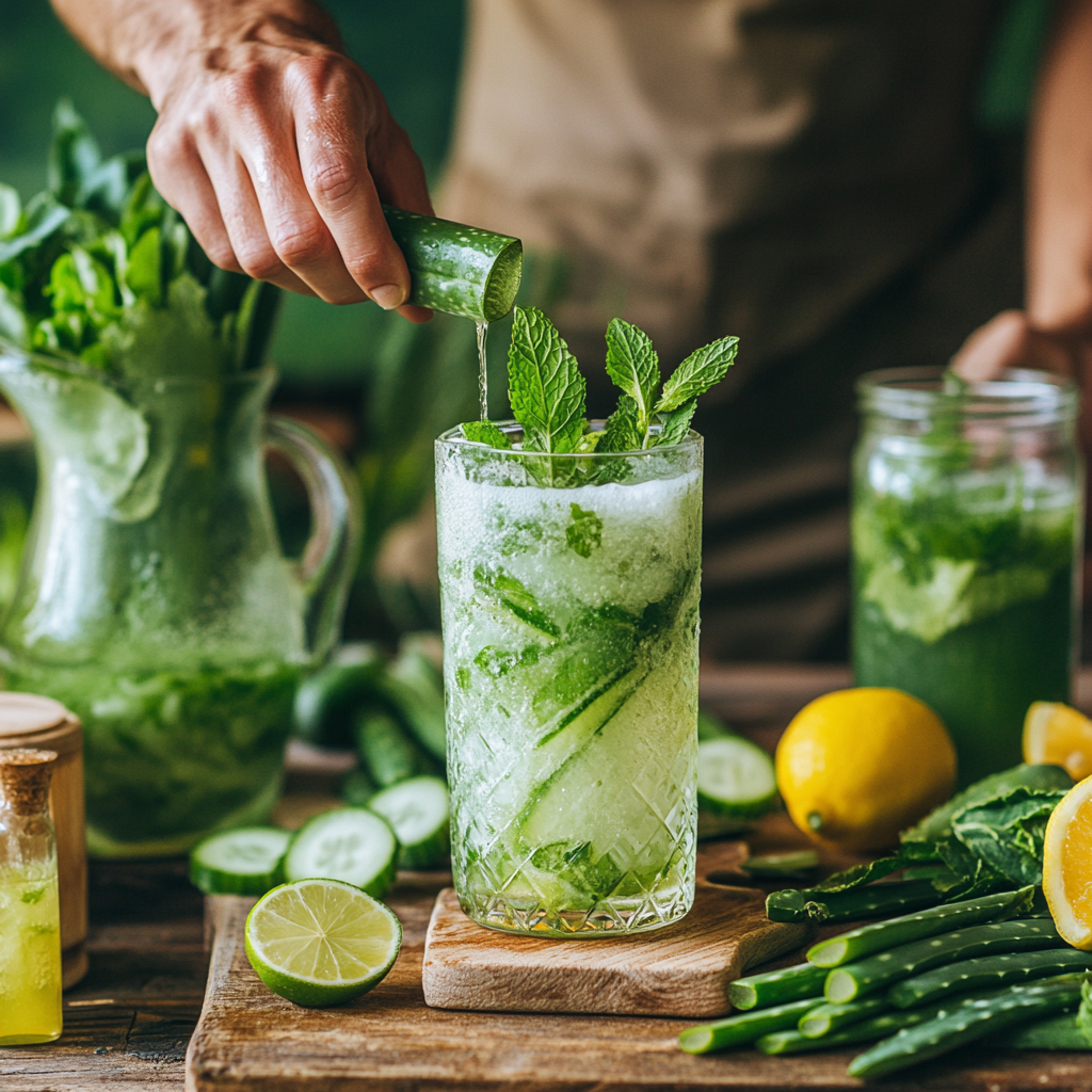 a person pouring a cucumber into a glass of water with mint and aloe vera