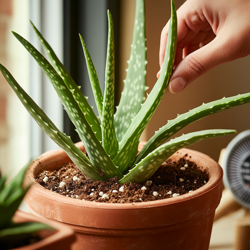 a hand touching an aloe vera plant in a pot