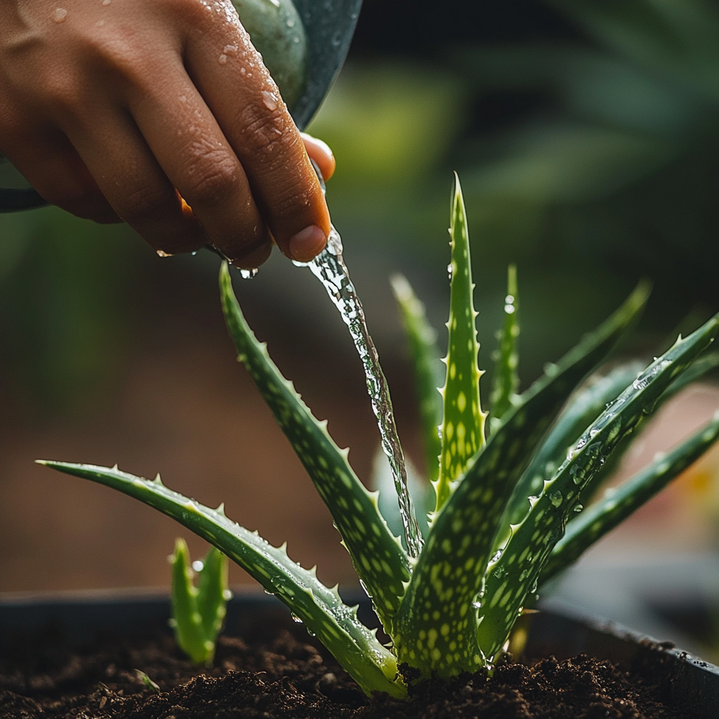 a hand watering of an aloe vera plant