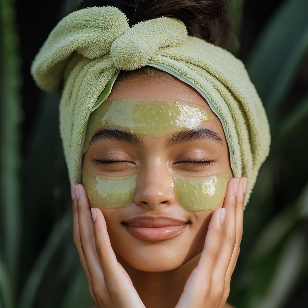 a woman with aloe vera mask on her face