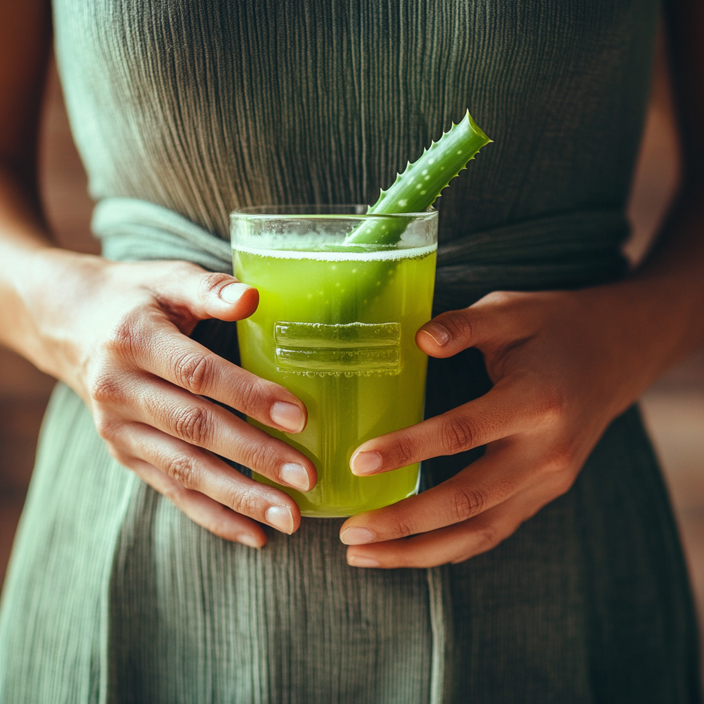 a person holding a glass of aloe vera drink