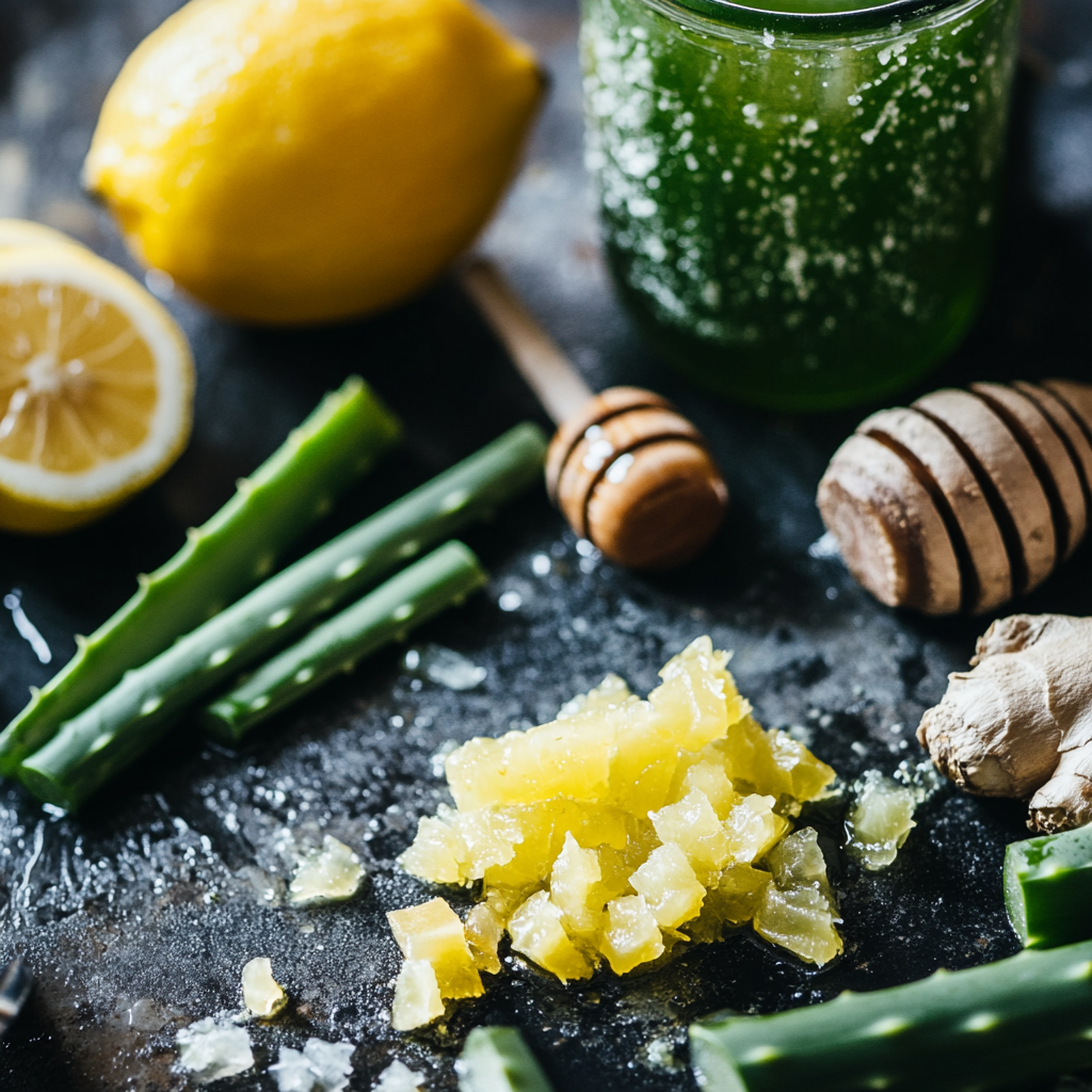 a close up of aloe vera, ginger and lemons