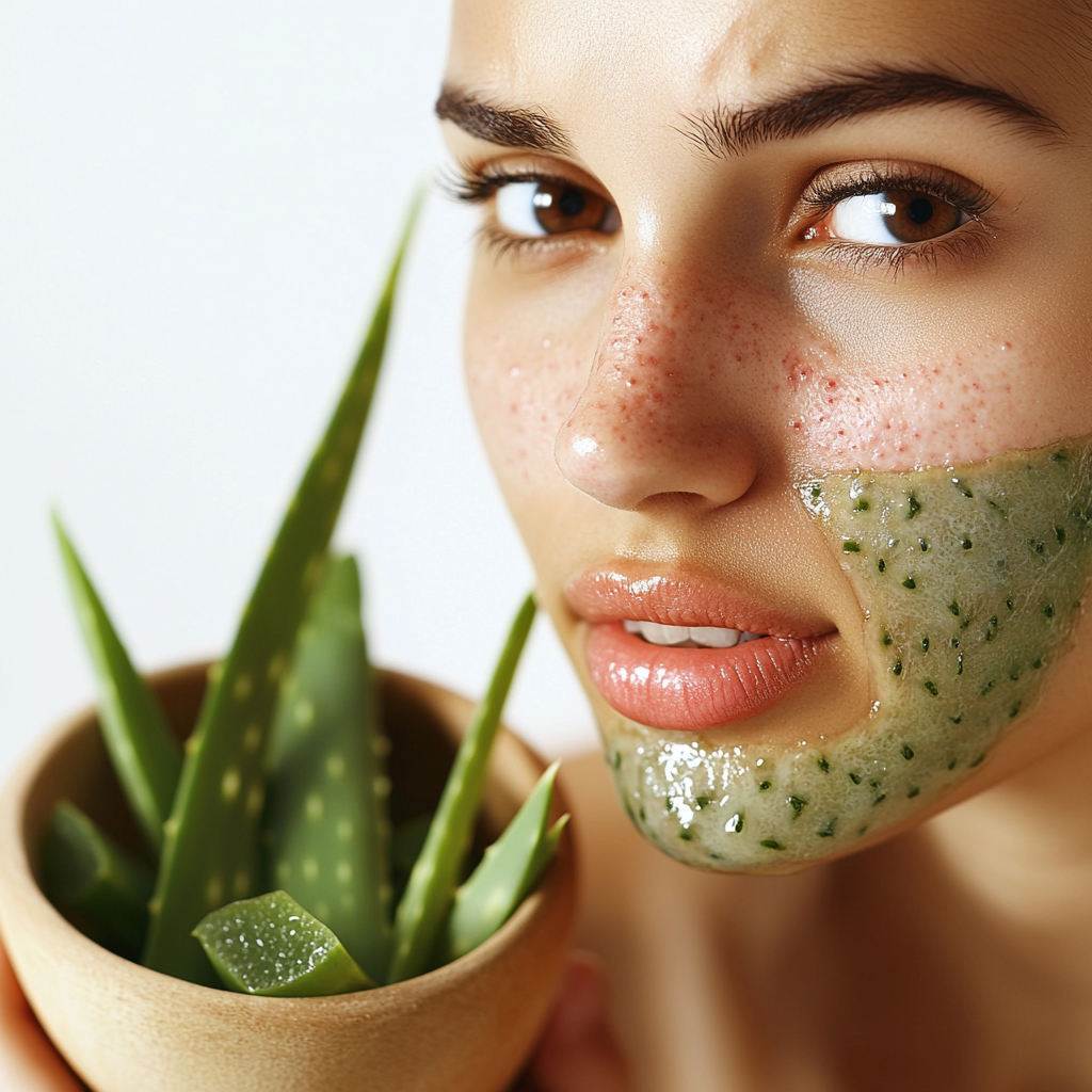 a woman with acne holding a bowl of aloe vera