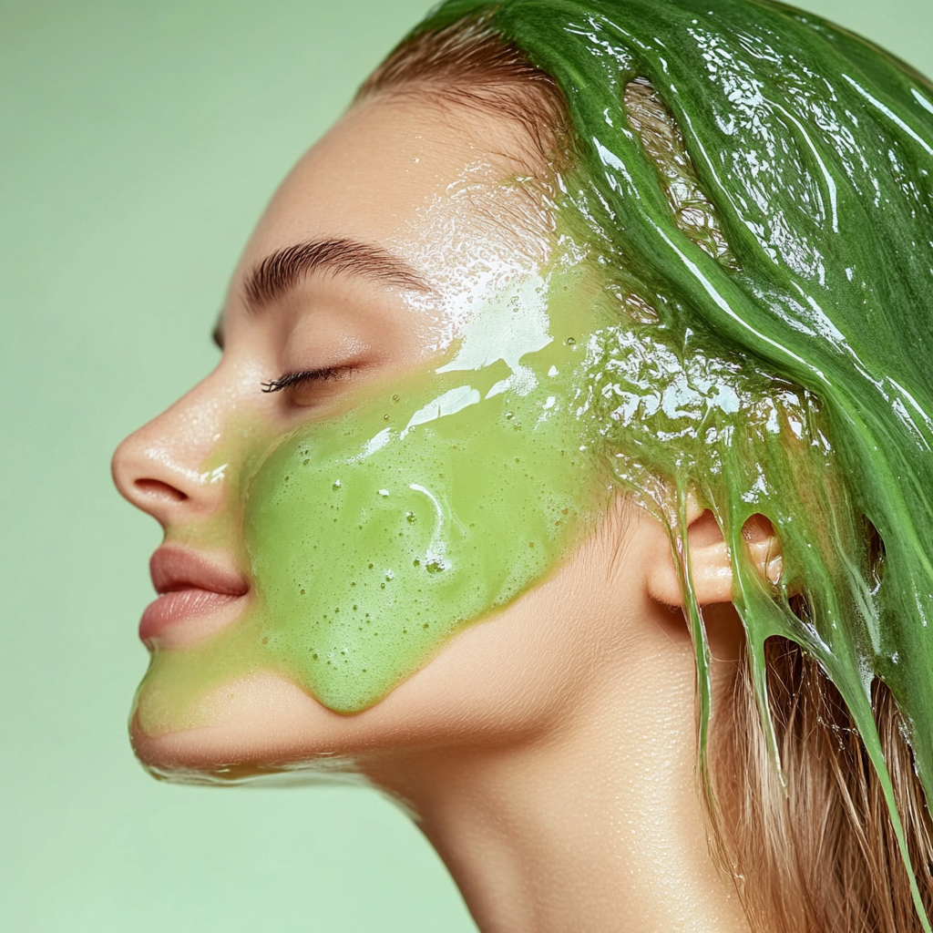 a woman with aloe vera gel on her hair