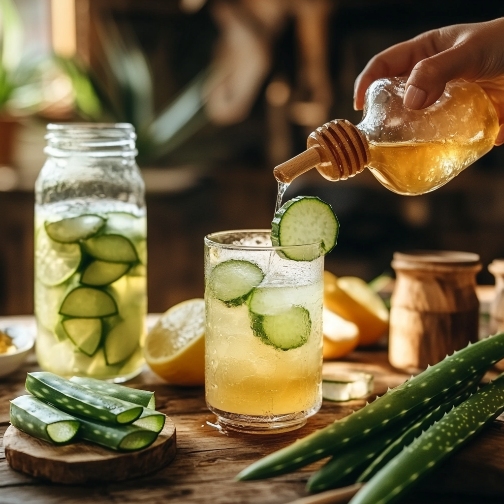 a person pouring a drink into a glass with honey and aloe vera