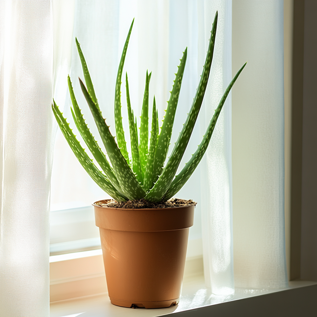 a potted aloe vera plant in a window sill