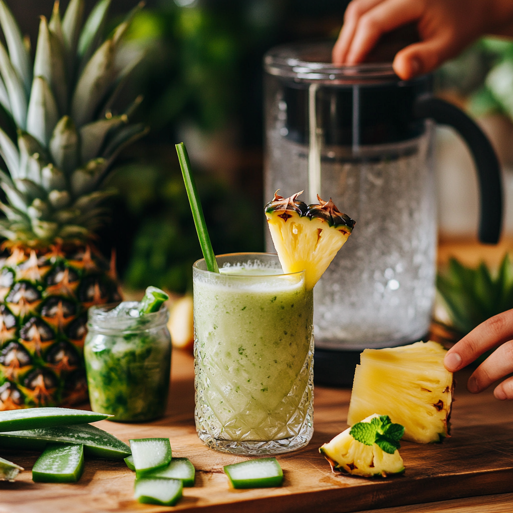 a person's hand holding a glass of aloe very drink with pineapple slices